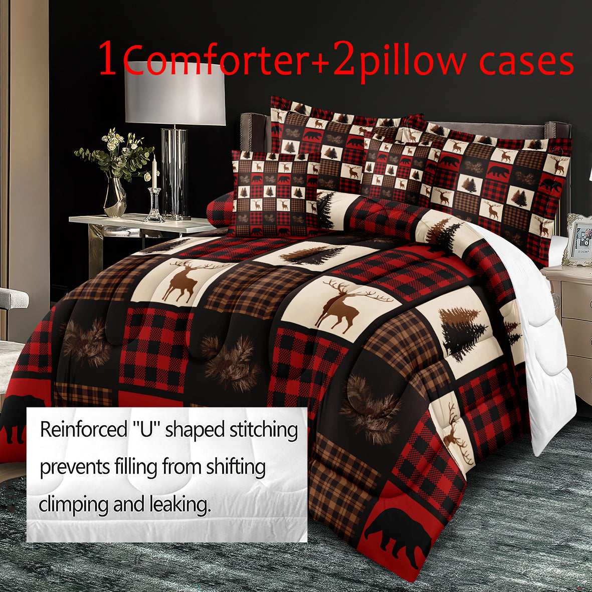 3pcs Retro Comforter Set, Rustic Style Forest Bear Deer Plaid Patchwork Print Bedding Set, Soft Comfortable And Skin-friendly Comforter For Bedroom, Guest Room (1*Comforter + 2*Pillowcase, Without Core)