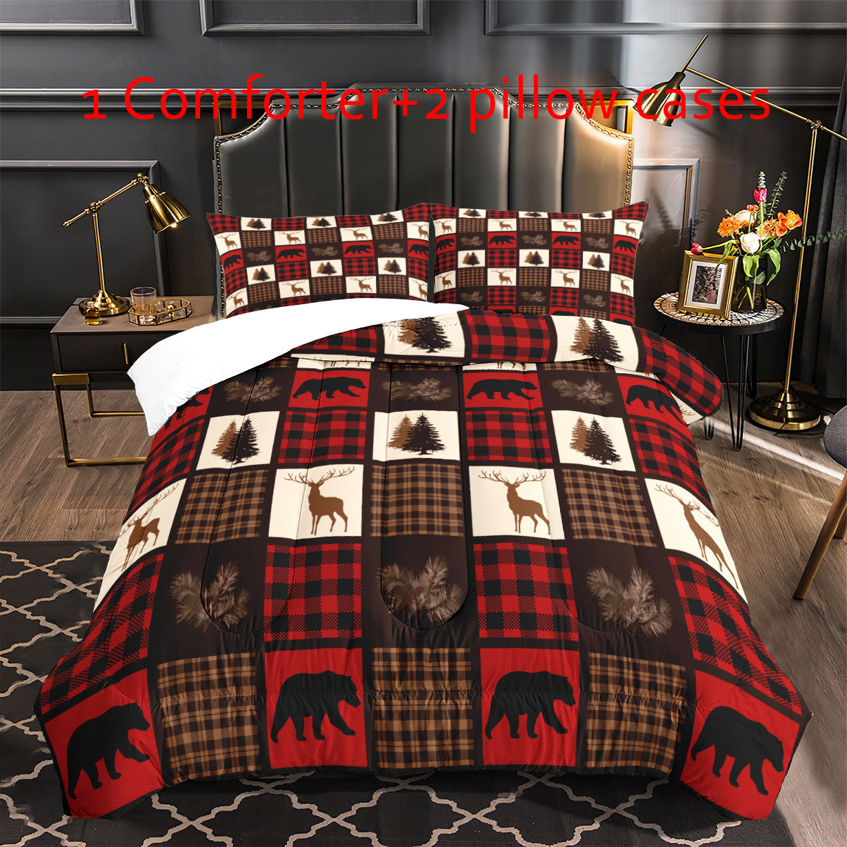 3pcs Retro Comforter Set, Rustic Style Forest Bear Deer Plaid Patchwork Print Bedding Set, Soft Comfortable And Skin-friendly Comforter For Bedroom, Guest Room (1*Comforter + 2*Pillowcase, Without Core)