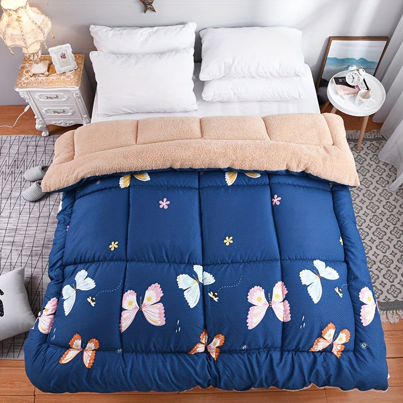 1pc Butterfly Print Sherpa Comforter Insert - All Season Quilted Ultra Soft Breathable Comforter, Box Stitch Comforter, Machine Washable Bedroom Warm Autumn And Winter Comforter