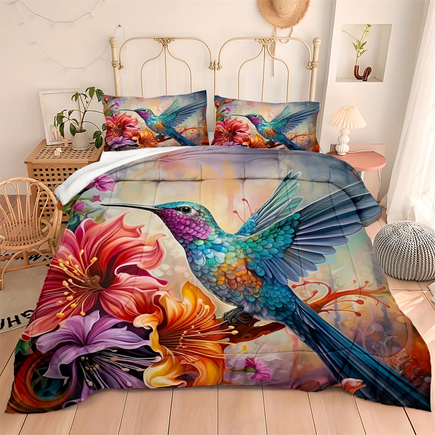 3pcs 100% Polyester Comforter Set (1*Comforter + 2*Pillowcase, Without Core), Aesthetic Flower And Bird Print Decorative Bedding Set, Soft Comfortable And Skin-friendly Comforter For Bedroom, Guest Room
