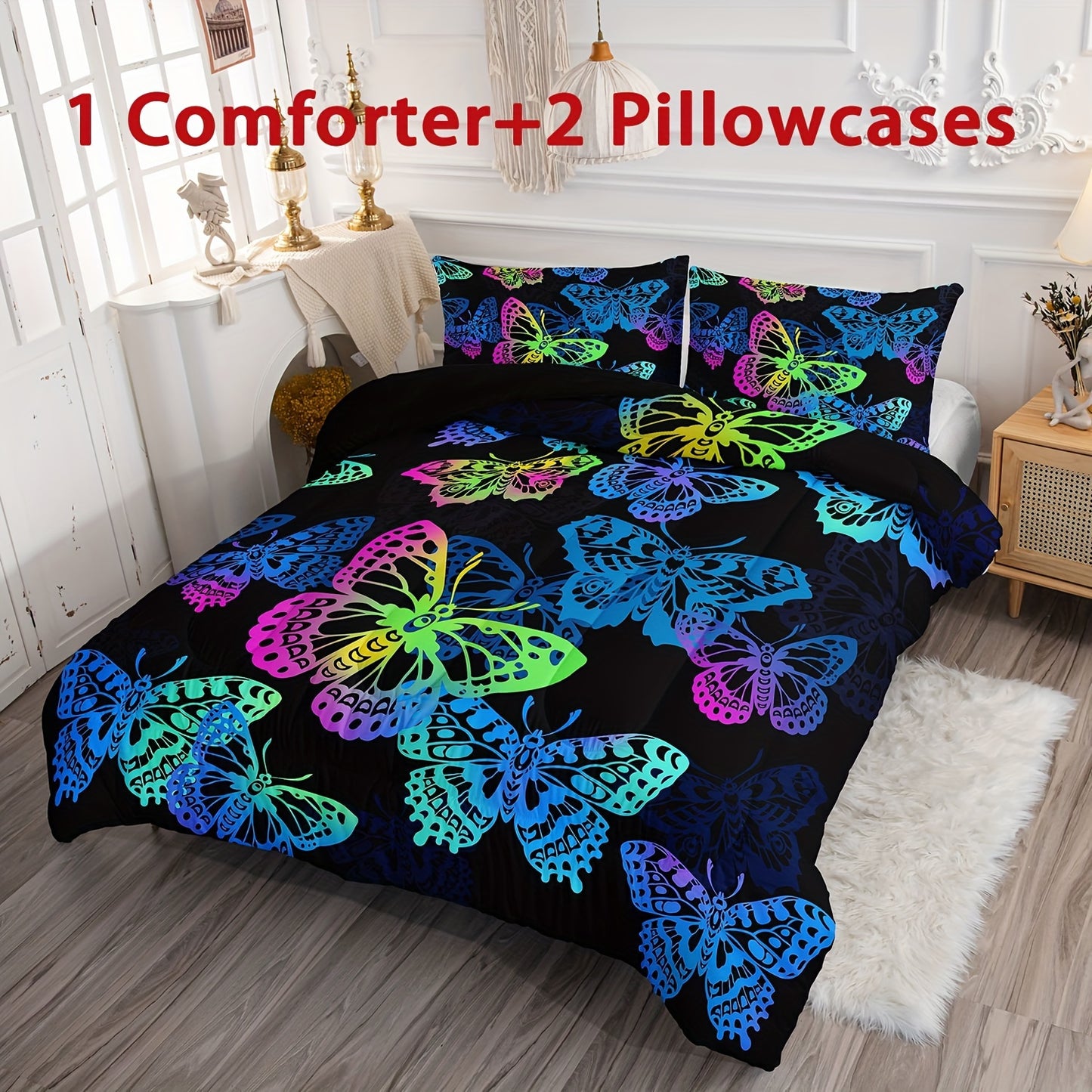 3pcs Colorful Butterflies Print Comforter Set For Girls Teens Boys, Soft Comfortable Comfortable Bedding Set, For Bedroom Guest Room Dorm (1*Comforter + 2*Pillowcase, Without Core)