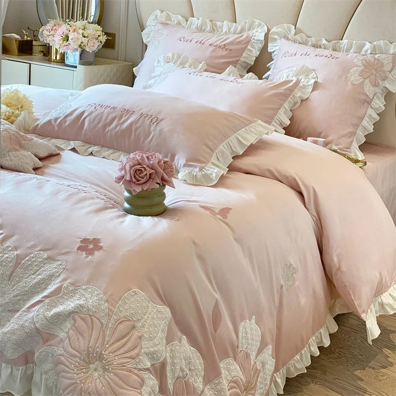 Pink 100S Egyptian Cotton Butterfly Flowers Embroidery Bedding Set Lace Edge Duvet Cover Set Flat/Fitted Bed Sheet Pillowcases