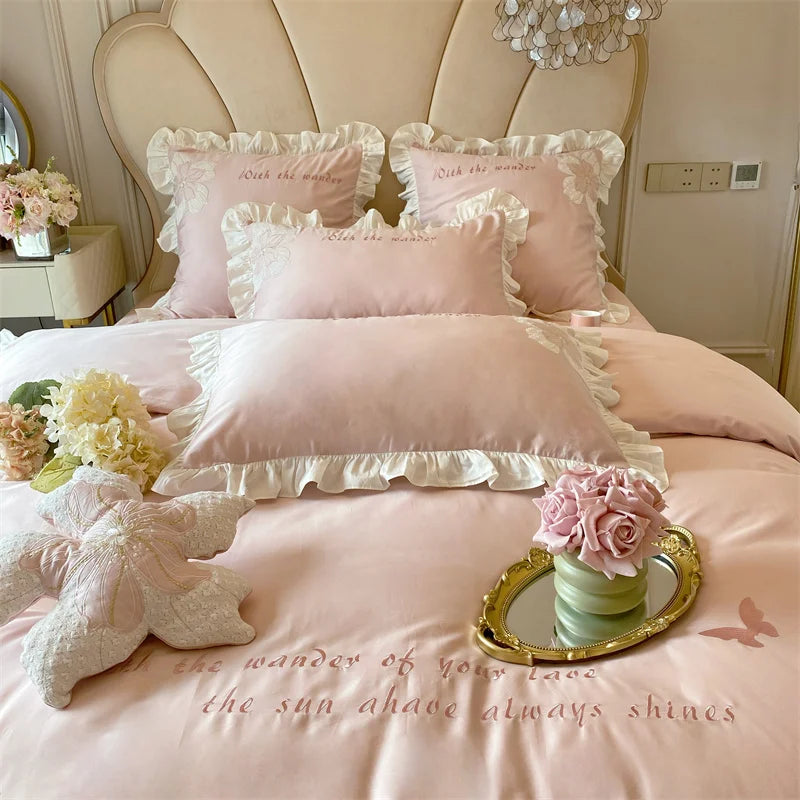 Pink 100S Egyptian Cotton Butterfly Flowers Embroidery Bedding Set Lace Edge Duvet Cover Set Flat/Fitted Bed Sheet Pillowcases