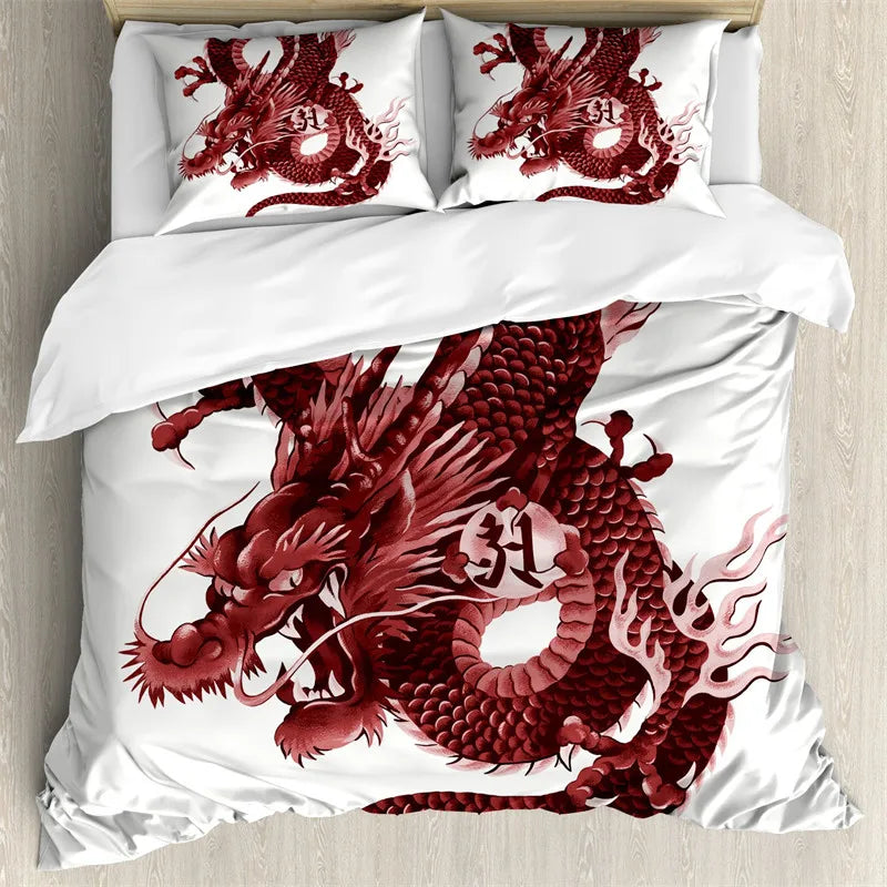 Flying Dragon Duvet Cover Queen 3D Mythical Dragon Print Bedding Set Polyester Japanese Folk Noble Monster Animal Quilt Cover