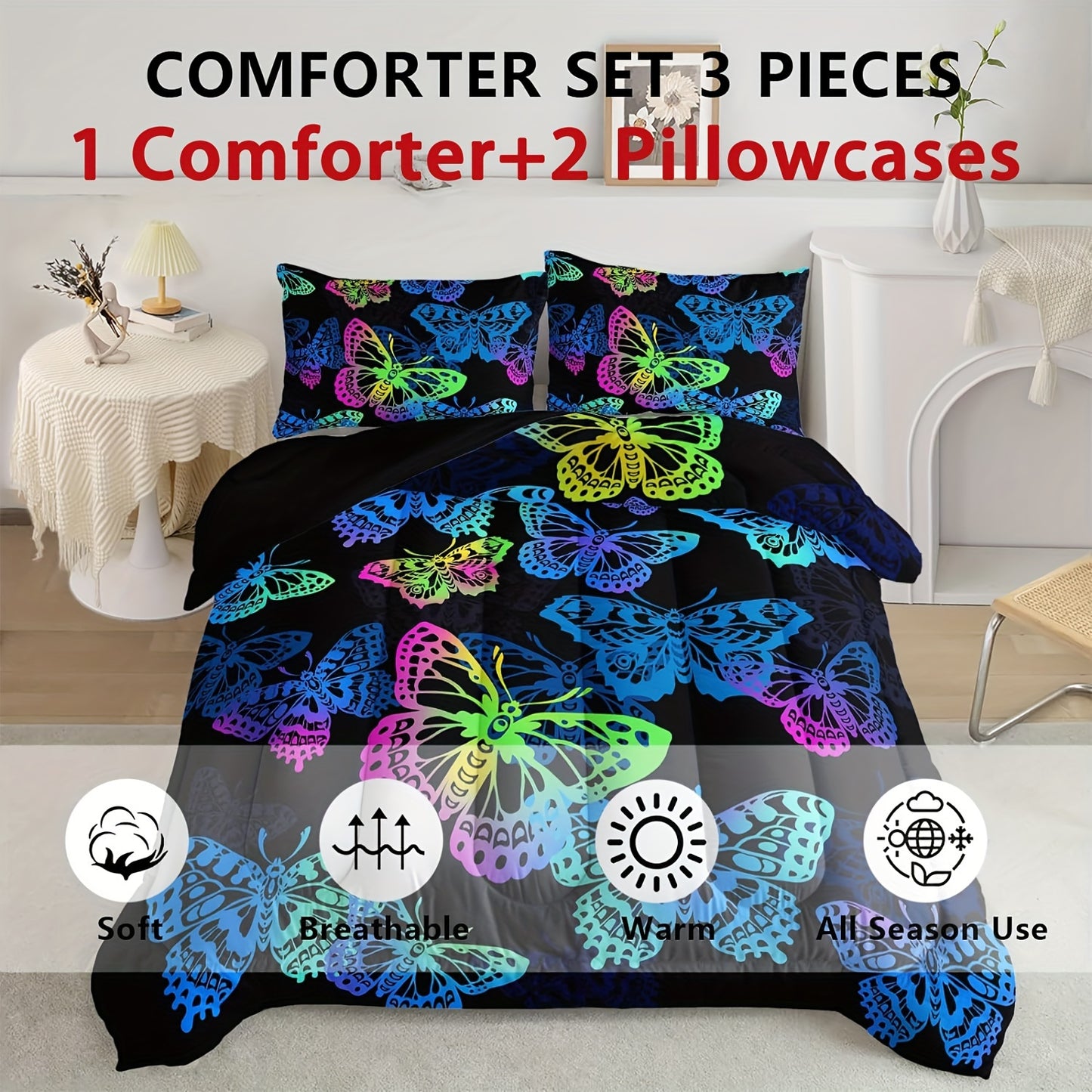 3pcs Colorful Butterflies Print Comforter Set For Girls Teens Boys, Soft Comfortable Comfortable Bedding Set, For Bedroom Guest Room Dorm (1*Comforter + 2*Pillowcase, Without Core)