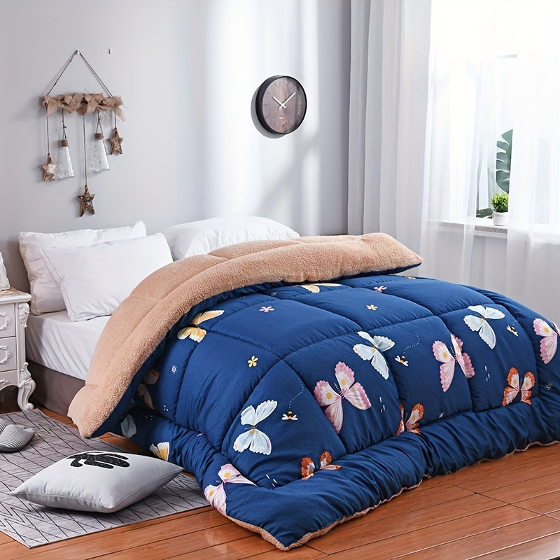 1pc Butterfly Print Sherpa Comforter Insert - All Season Quilted Ultra Soft Breathable Comforter, Box Stitch Comforter, Machine Washable Bedroom Warm Autumn And Winter Comforter