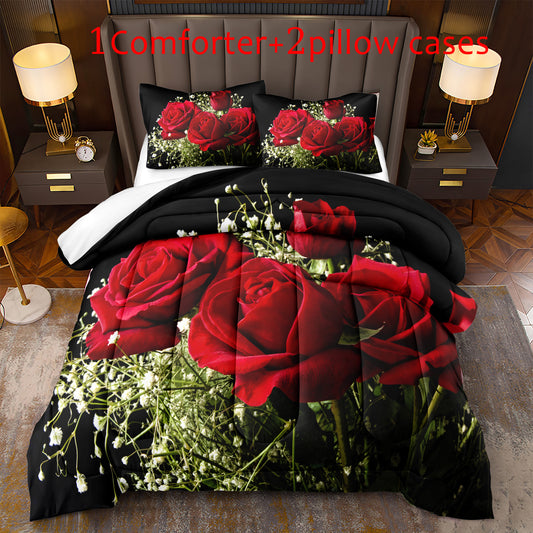 3pcs Romantic Comforter Set, 3D Red Rose Print Bedding Set, Soft And Skin-friendly Comforter For Bedroom, Guest Room (1*Comforter + 2*Pillowcase, Without Core)