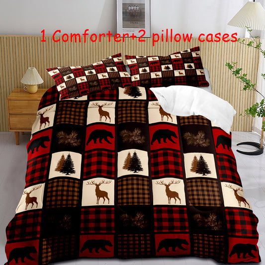 3pcs Retro Comforter Set, Rustic Style Forest Bear Deer Plaid Patchwork Print Bedding Set, Soft Comfortable And Skin-friendly Comforter For Bedroom, Guest Room (1*Comforter + 2*Pillowcase, Without Core)