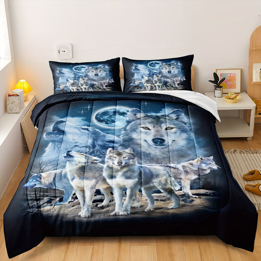 2/3pcs Wolf Comforter Set (1*Comforter + 1/2*Pillowcase, Without Core), 3D Safari Animal Bedding Set Wolf Family Printed Comforter, Down Alternative Comforter For All Season Men Teens Bedroom Bedding Comforter Set