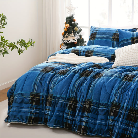 2/3pcs Fashion Flannel Sherpa Comforter Set (1*Comforter + 1/2*Pillowcase, Without Core), Blue Plaid Print Thickened Winter Warm Bedding Set, Soft Comfortable And Skin-friendly Comforter For Bedroom, Guest Room