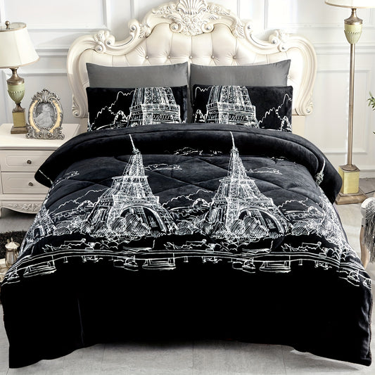 3pcs Sherpa Blanket Comforter Set, 3 Ply Ultra Soft Reversible Autumn And Winter Bedding Comforter Set, Lightweight & Warm, Luxury Novel Eiffel Tower Print Comforter For Bedroom (1 Comforter + 2 Pillowecases, Without Core)
