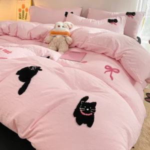 Pink Duvet with Black Cat Embroidery Set