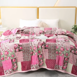 Pink Flower Plaid Patchwork Blanket